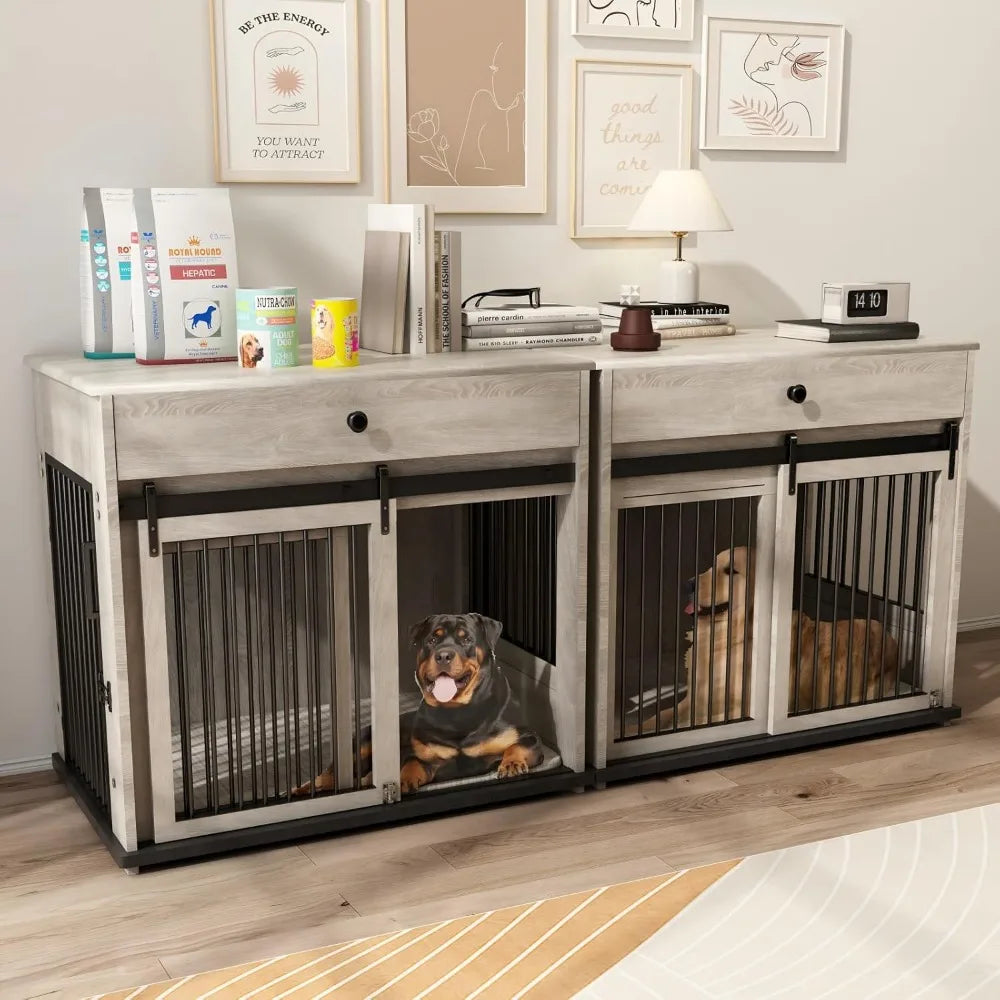 Wooden Storage Drawer Dog Crate with Sliding Door for Medium to Large Dogs, Indoor Pet House with Side Table