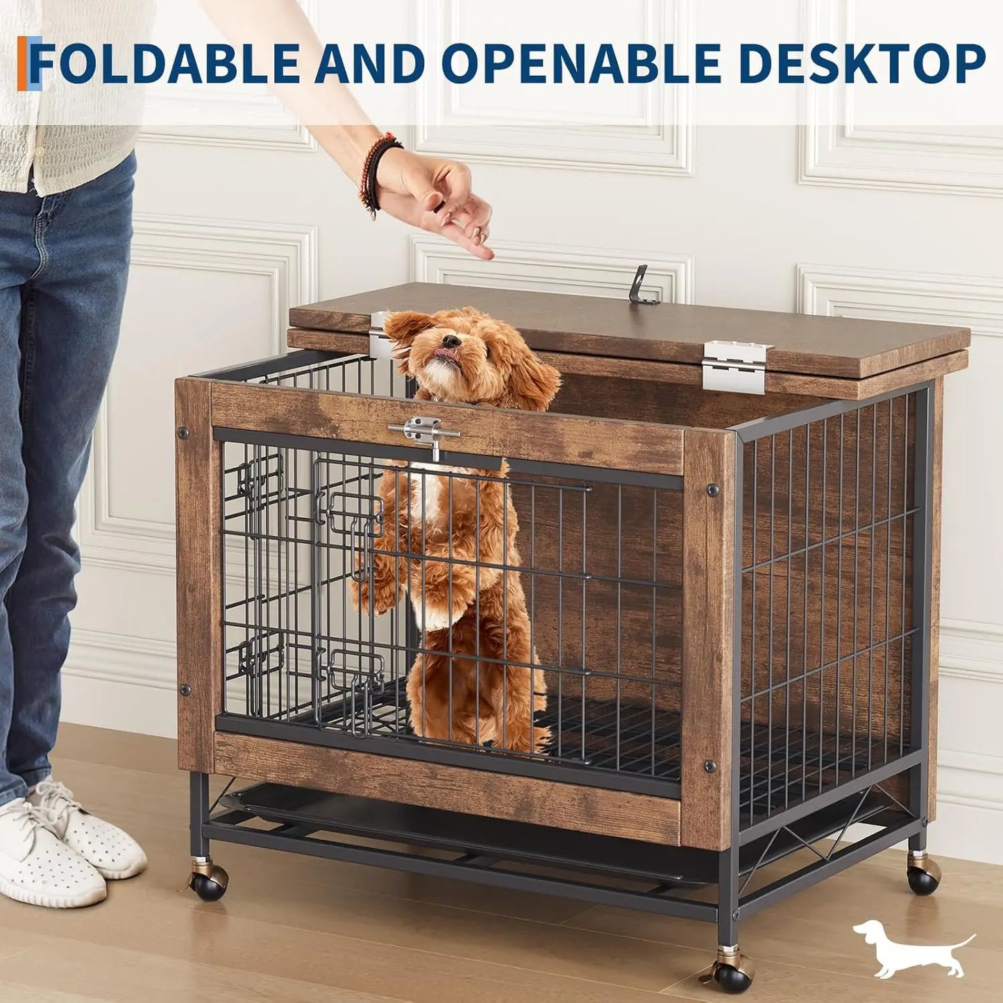 Dog Crate Furniture with Wheels, Side End Table, Dog Cage with 2 Doors & Tray, Lockable Pet Crate for Small/Medium Dogs