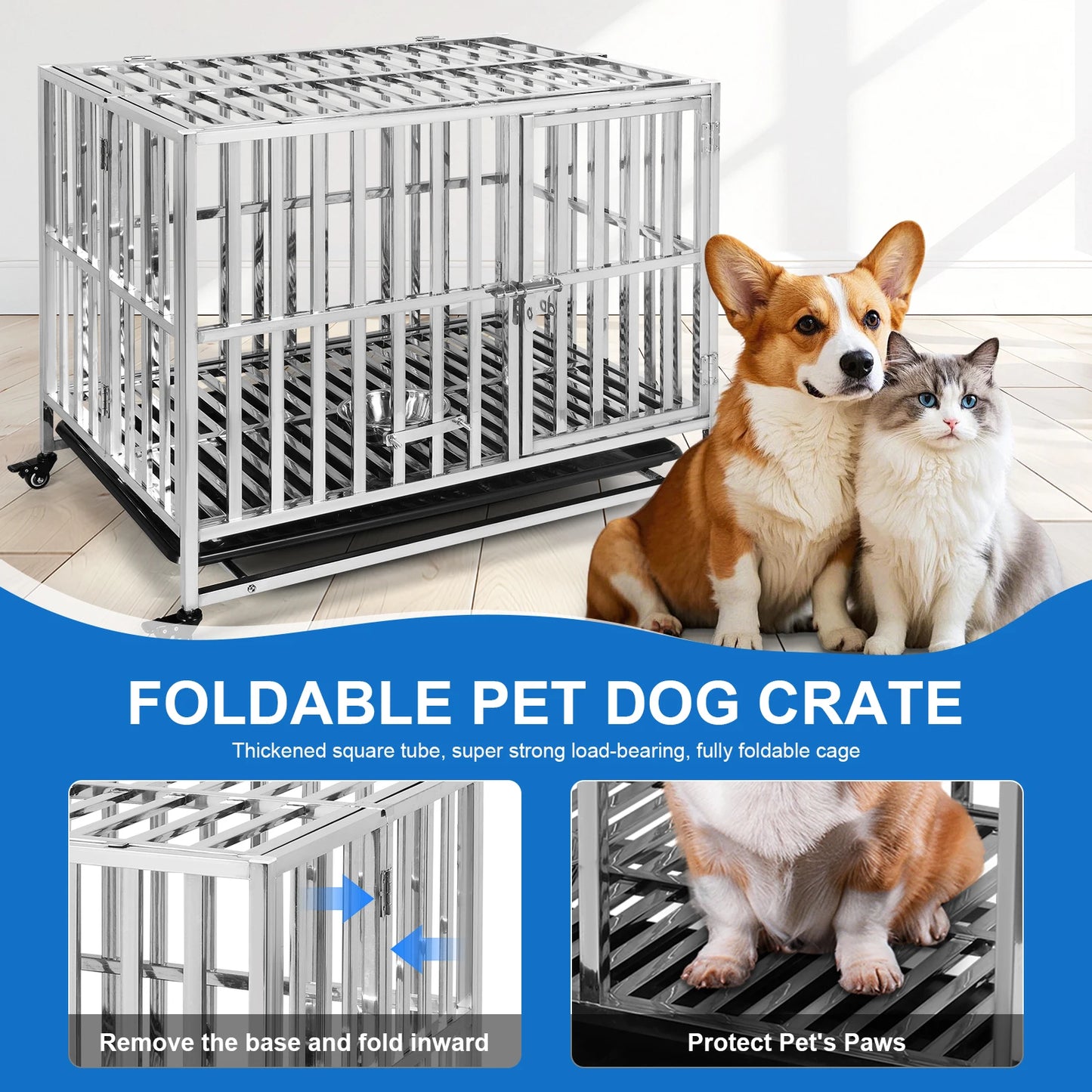 37 Inch Steel Tube Wire Drop Dog Crates with Removable Plastic Tray Dog Crate Cage Kennel for High-Anxiety and Extra Large Dogs