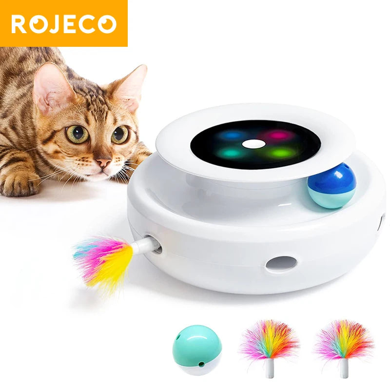 ROJECO 2 in 1 Smart Cat Toys.  Automatic Feather Fun Ball Toy Set For Cats.
5 Modes Electronic Interactive Pet Toy Accessories
