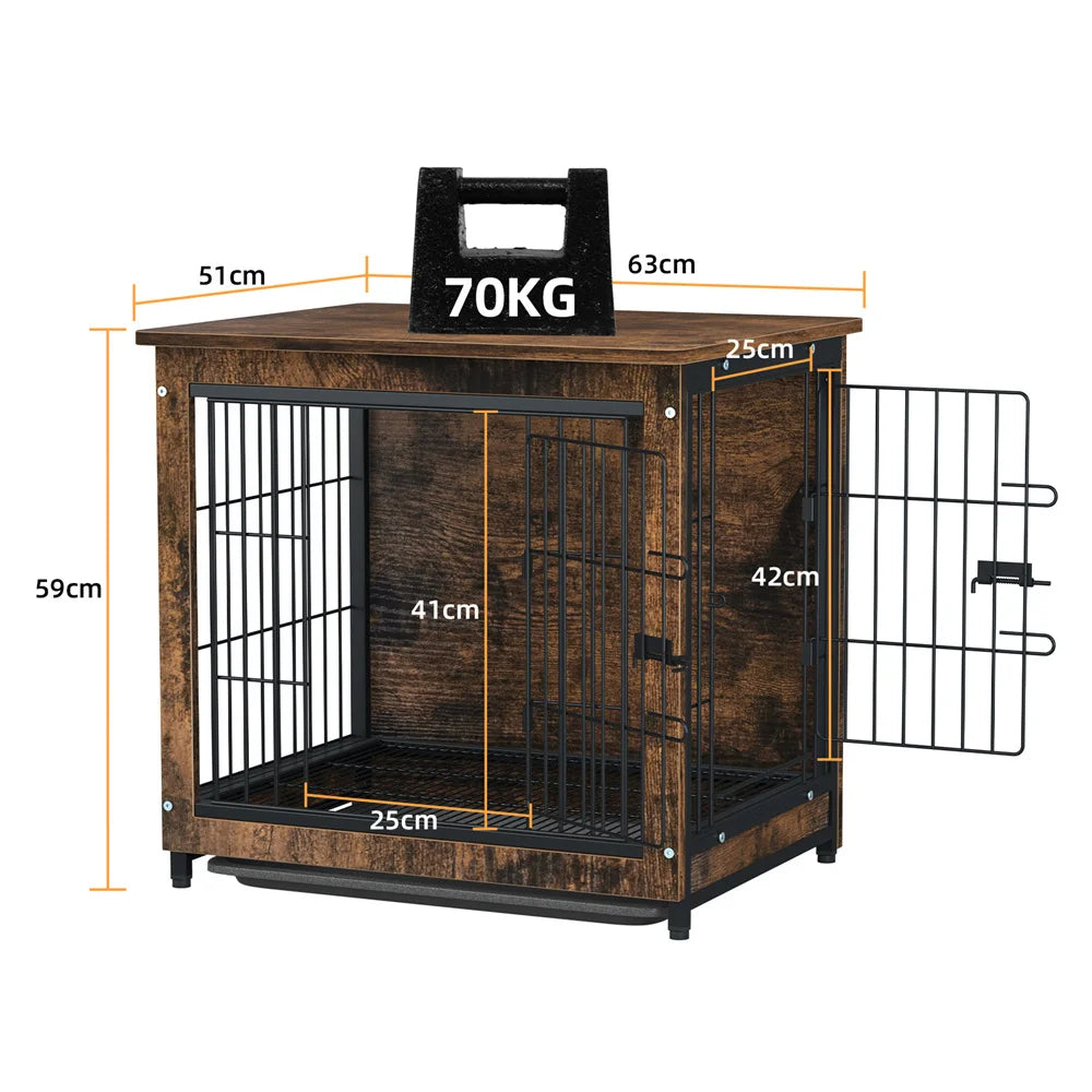 Large Elevated Dog Crate Wooden Dog Kennel Cage Pet House End Table with Double Door and Removable Tray Rustic Furniture Indoor