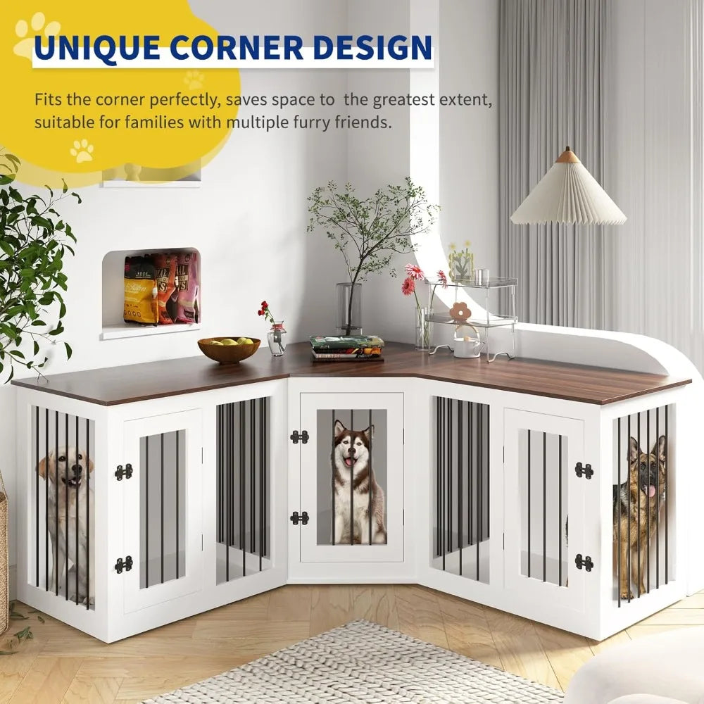 Large Dog Crate Furniture for 3 Dogs, 113'' Corner Dog Crate with Divider, 3 in 1 Heavy Duty Indoor Wooden Dog Kennel Furniture