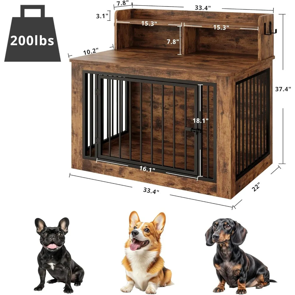 Dog Crate Furniture, 33.4 inches Wooden Small Dog Crate with Storage and 4 Hooks, Heavy Duty Pet Crate for Small Dog, Dec