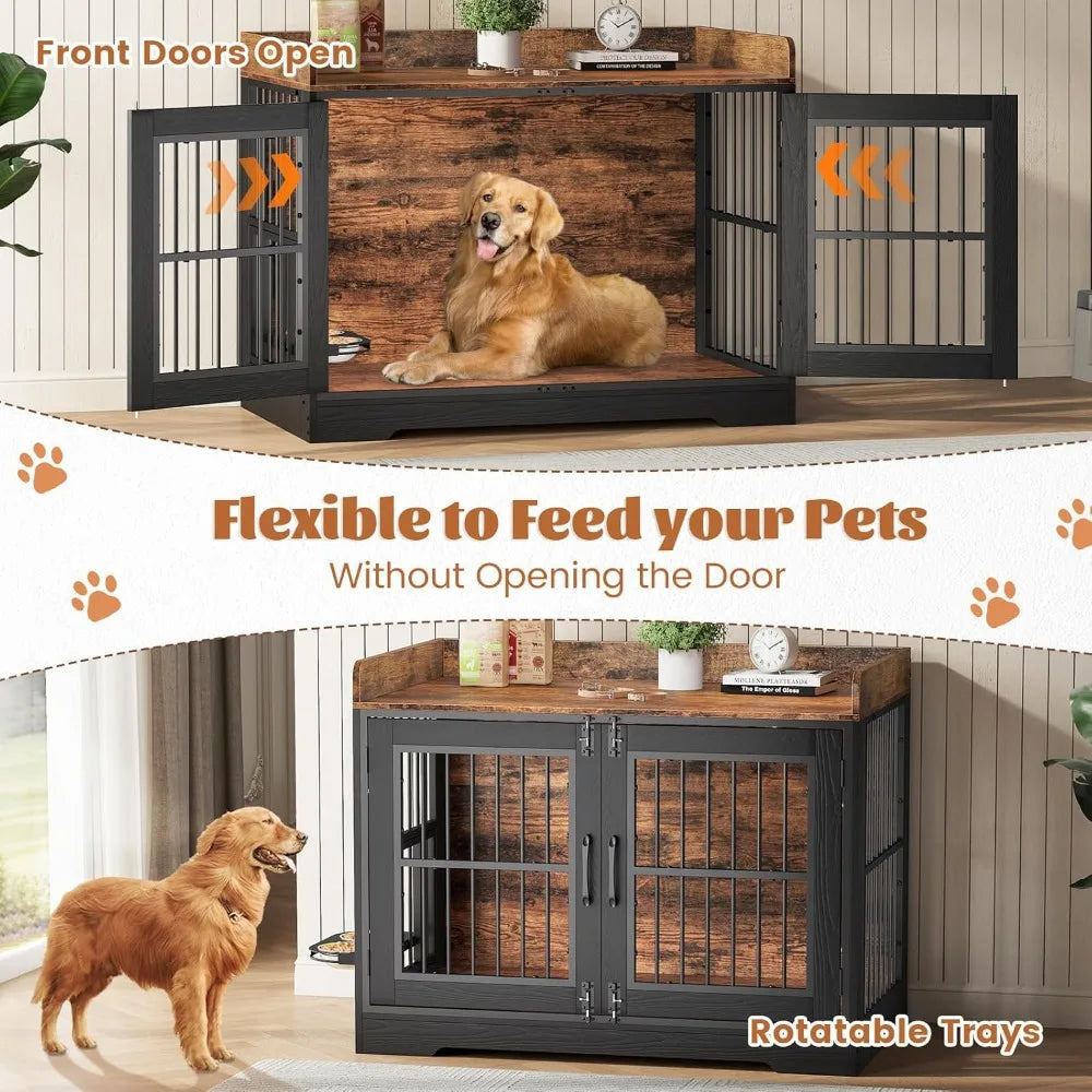 40" Rustic Dog Crate Furniture, Heavy Duty Dog Cage for Medium Large Dogs, Dogs Crate Doges Kennel Indoor with Removable