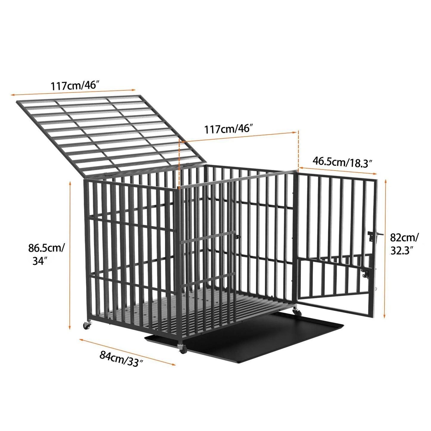 Heavy Duty Dog Crate with 4 Lockable Wheels 3 Doors and Removable Tray Metal Pet Kennels Cage Playpen