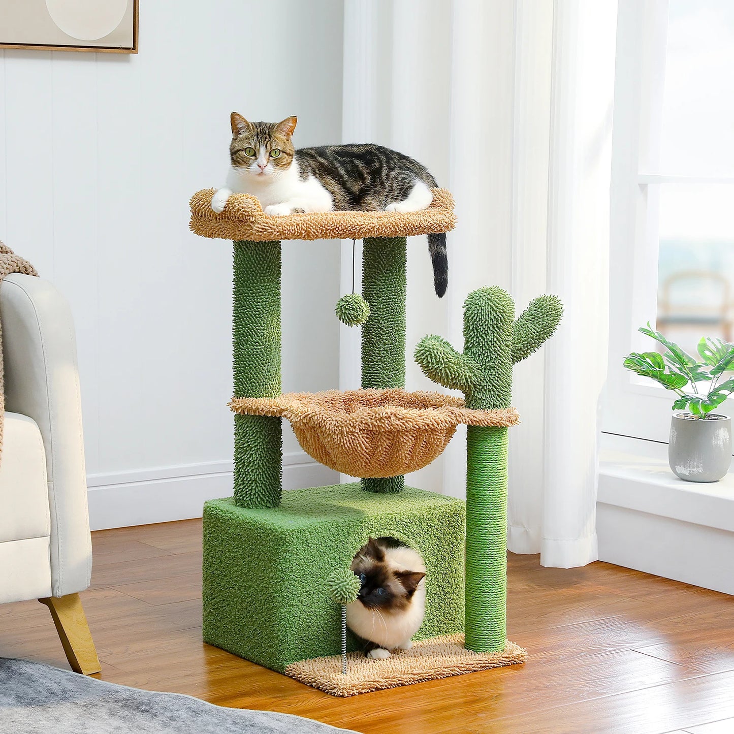 Small Cat Tower with Large Condo, Scratching Post, Deep Hammock, Cozy Top Perch, or 4-in-1 Cactus Cat Tree for Indoor Cat, Cat Toys
