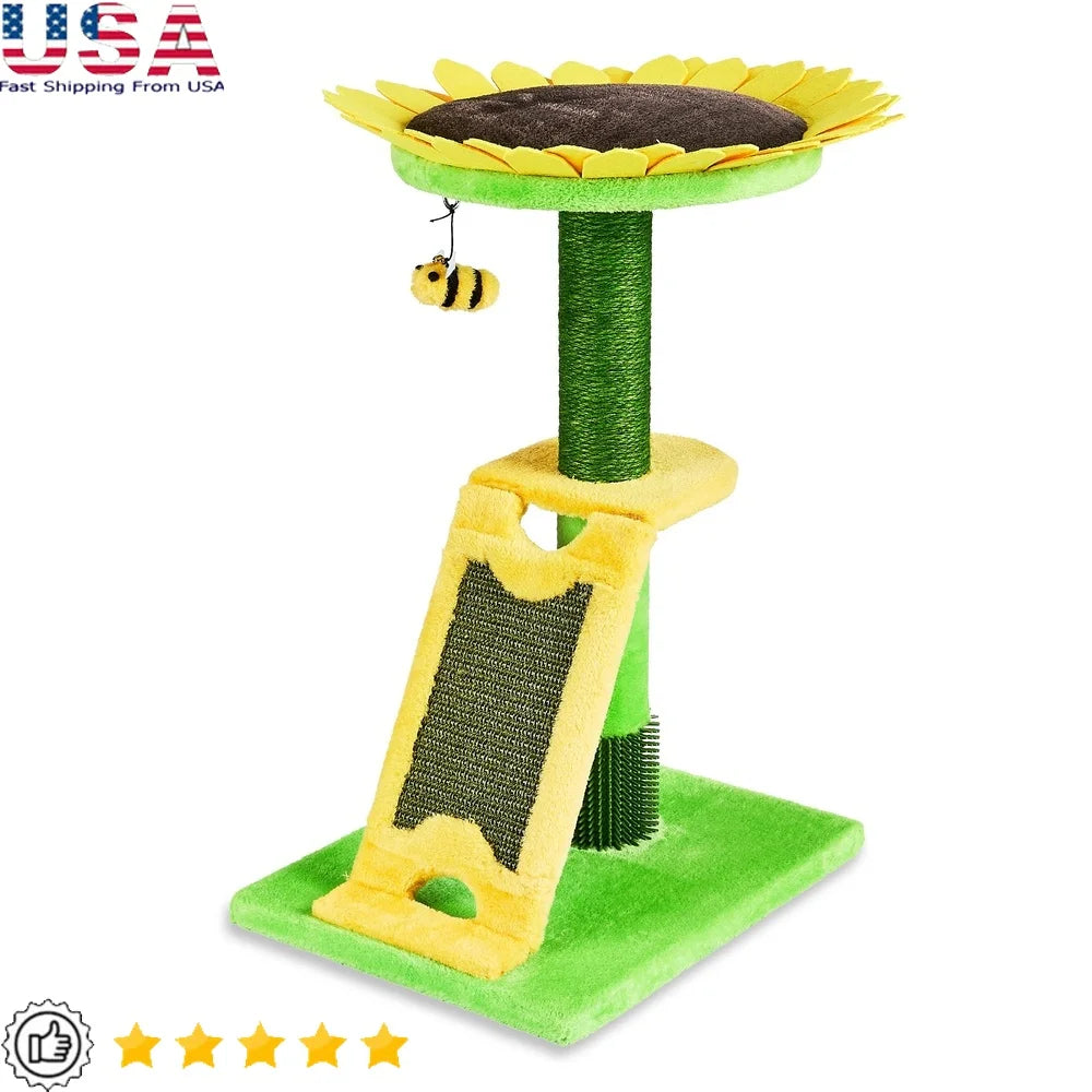 2-Level Cat Scratching Post with Sunflower Design Sisal Rope Bee Toy Sturdy Base Easy Assembly Promotes Healthy Claws Portable
