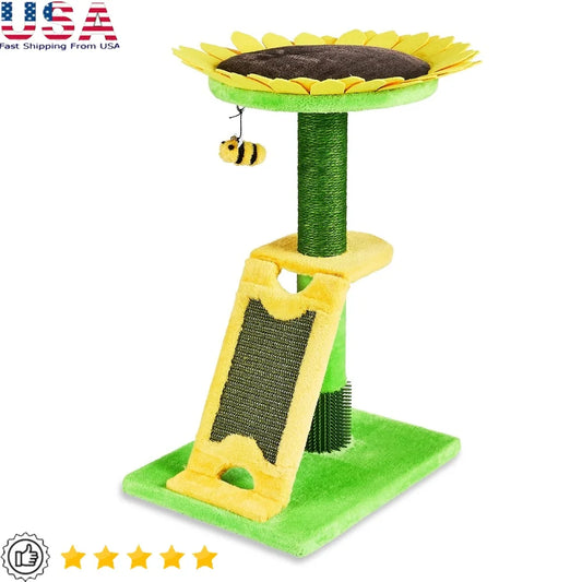 2-Level Cat Scratching Post with Sunflower Design Sisal Rope Bee Toy Sturdy Base Easy Assembly Promotes Healthy Claws Portable