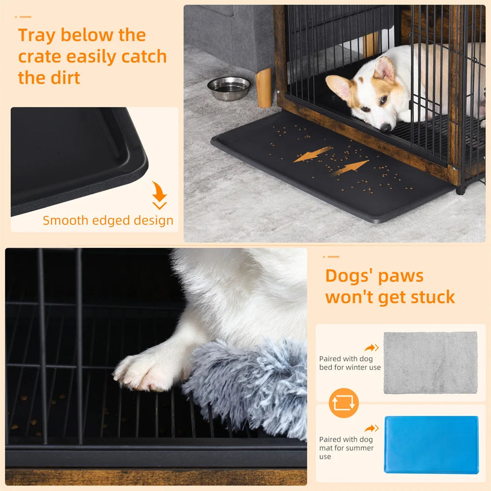 Large Elevated Dog Crate Wooden Dog Kennel Cage Pet House End Table with Double Door and Removable Tray Rustic Furniture Indoor