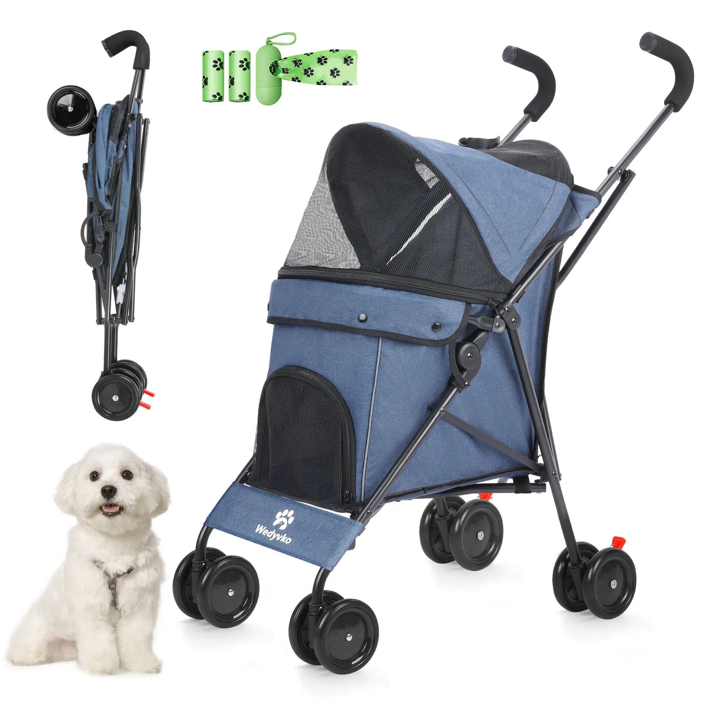 Pet Dog Stroller 4 Wheels Puppy Stroller Rotate with Brakes Storage for Dogs Cats Travel Pet Supplies Outdoor