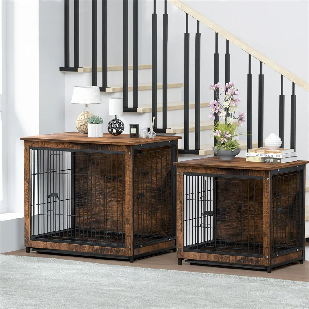 Large Elevated Dog Crate Wooden Dog Kennel Cage Pet House End Table with Double Door and Removable Tray Rustic Furniture Indoor