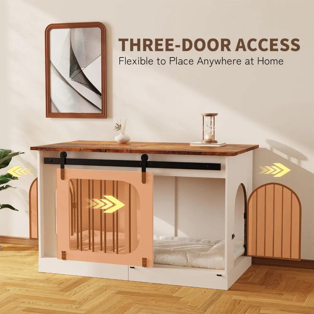 Farmhouse Style 39.4 Inch White Wooden Dog Crate with Cushion, Decorative Indoor Pet House