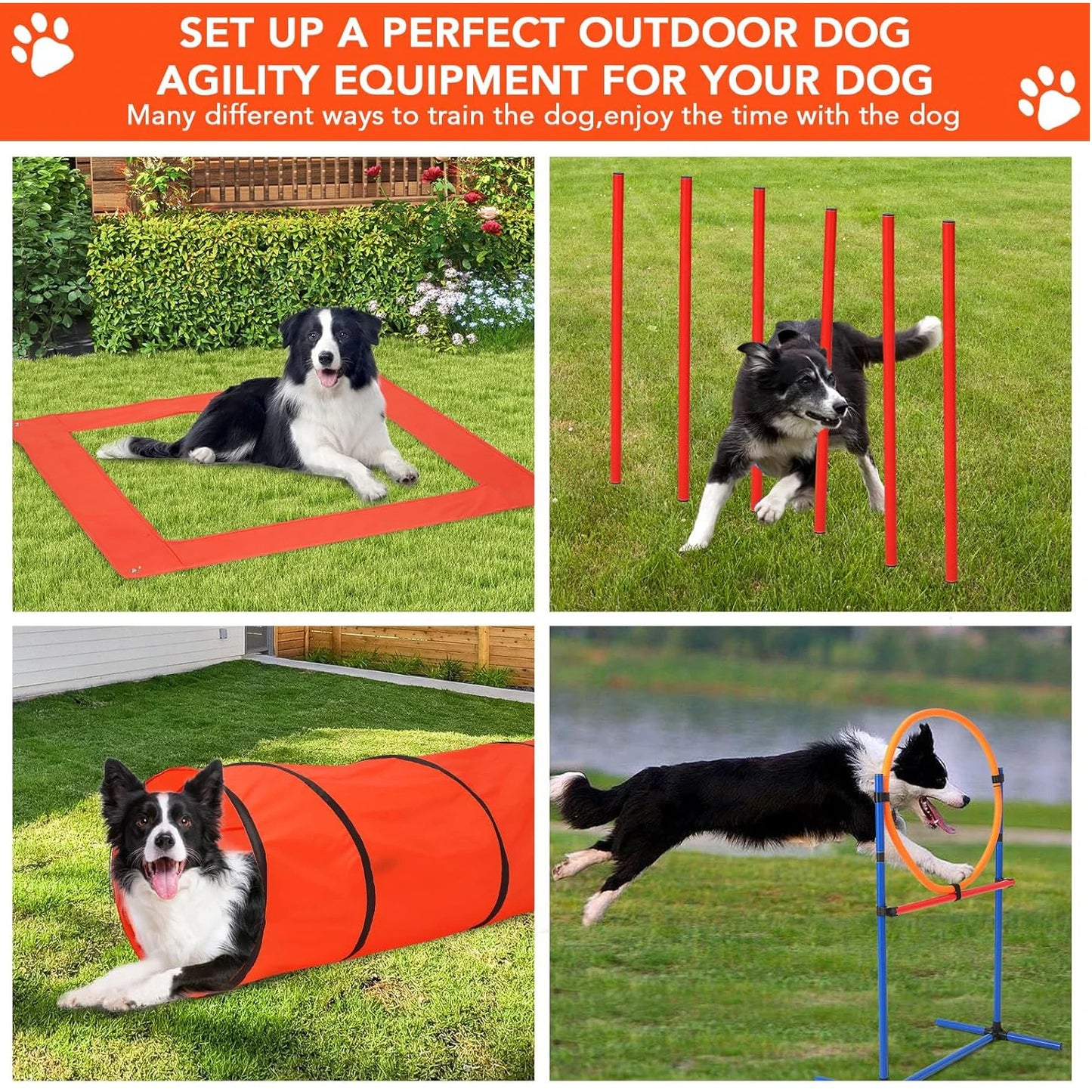 87 Pcs Dog Agile Training Equipment Set 
Obstacle Course Kit with 70" Tunnel, Tire Jump, Hurdle Jump, Weave Poles for Outdoor
