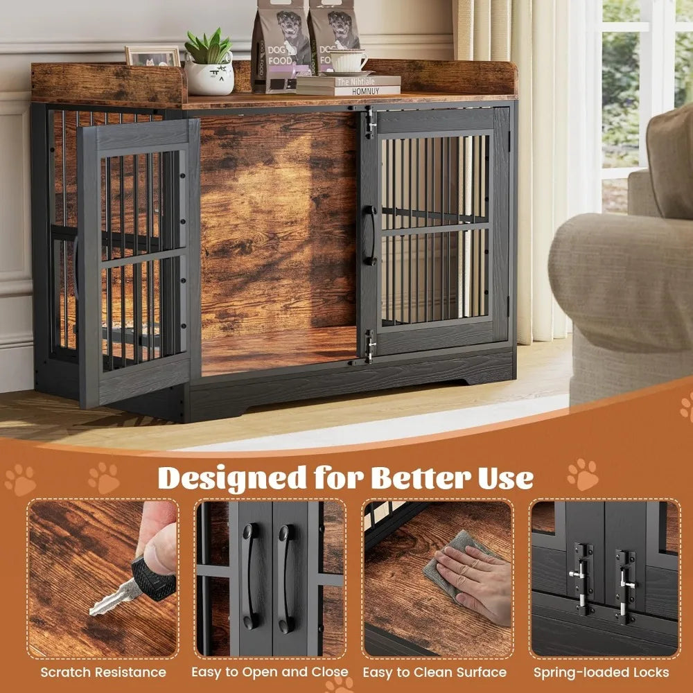 40" Rustic Dog Crate Furniture, Heavy Duty Dog Cage for Medium Large Dogs, Dogs Crate Doges Kennel Indoor with Removable