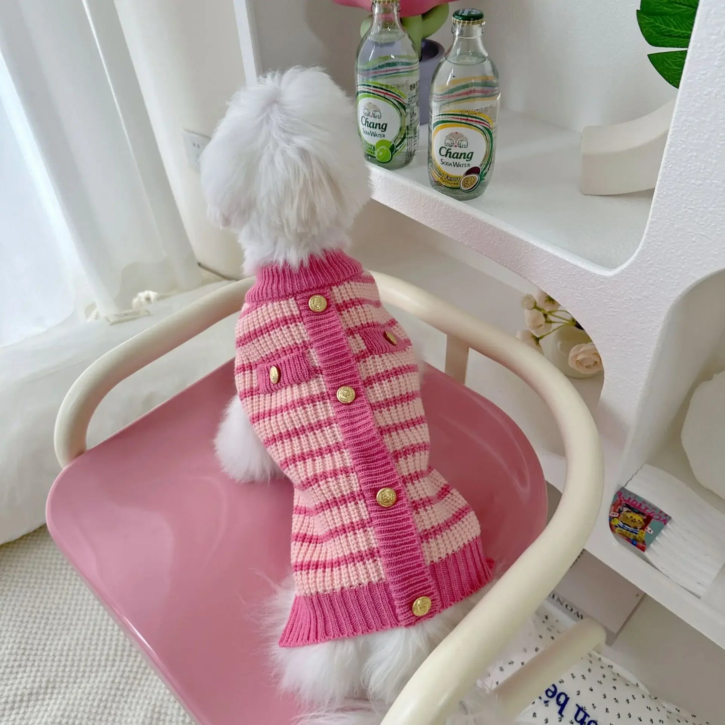 Autumn and Winter Dog Thick Warm Sweater Teddy Pet Dog Clothes Pink Striped Party Outfit Photograph Outdoor Dog Walking Outfit