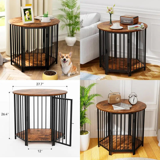 Dog Crate Furniture, Hexagonal Wooden Pet House Dog Crate End Table, Indoor Decorative Dog Kennel Furniture, for Small and Mediu