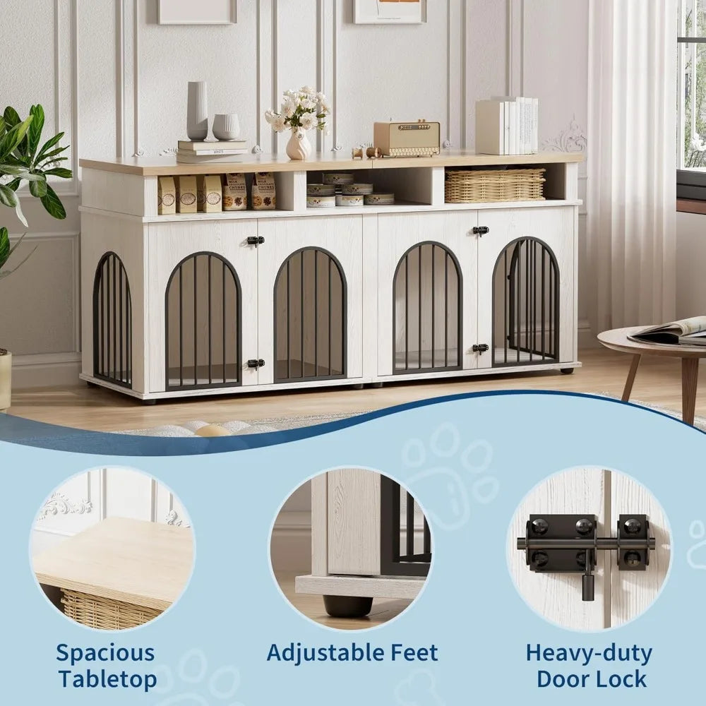 Garvee Double Dog Crate Furniture 71 Dog Kennel Furniture for 2 Medium Dogs, Heavy Duty Dogs Cage XL Dogs House Indoor with 3 St
