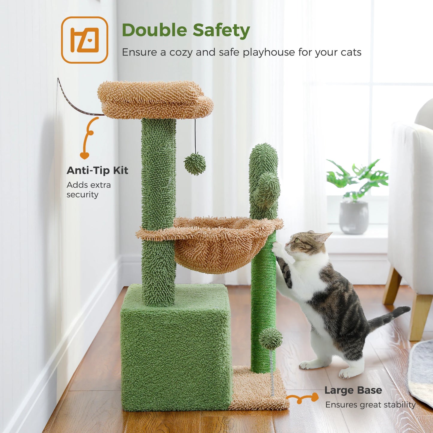 Small Cat Tower with Large Condo, Scratching Post, Deep Hammock, Cozy Top Perch, or 4-in-1 Cactus Cat Tree for Indoor Cat, Cat Toys