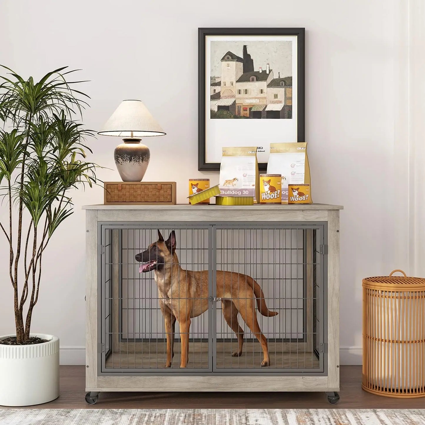 Dog Crate Furniture, Wooden Dog Crate Table,Dog Kennel with 3 Doors, Flip-up Top Opening and Wheels, Decorative Pet Crate House
