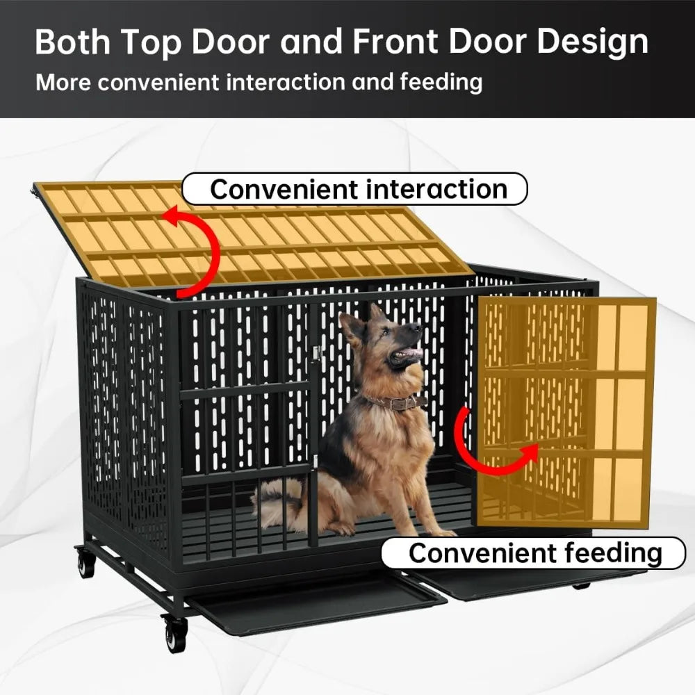 48/42/38 Inch Heavy Duty Dog Crate with Wheels, Folding Metal Big Dog Cage for Large and Medium Dogs,Indestructible Dog Crate