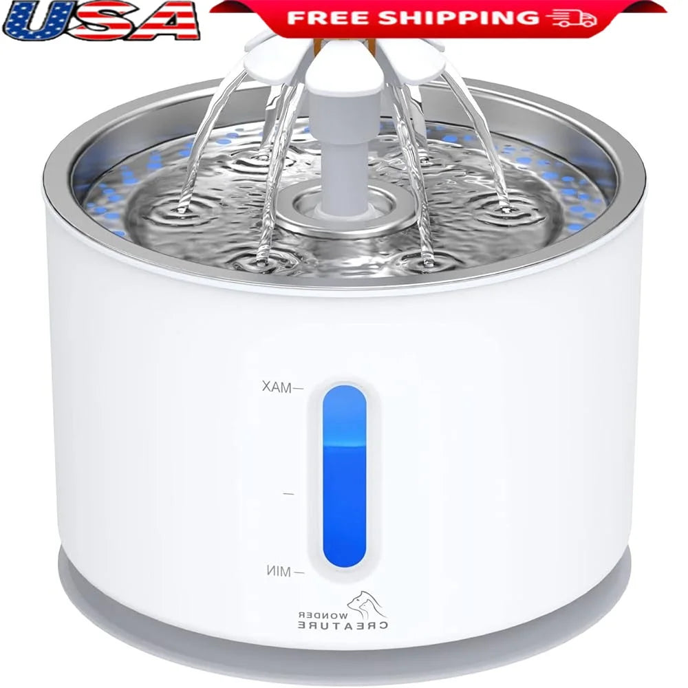 Cat Water Fountain Stainless Steel Lid 2.4L Automatic Pet Drinking Fountain with LED Light Water Level Window Quiet Pump Fresh
