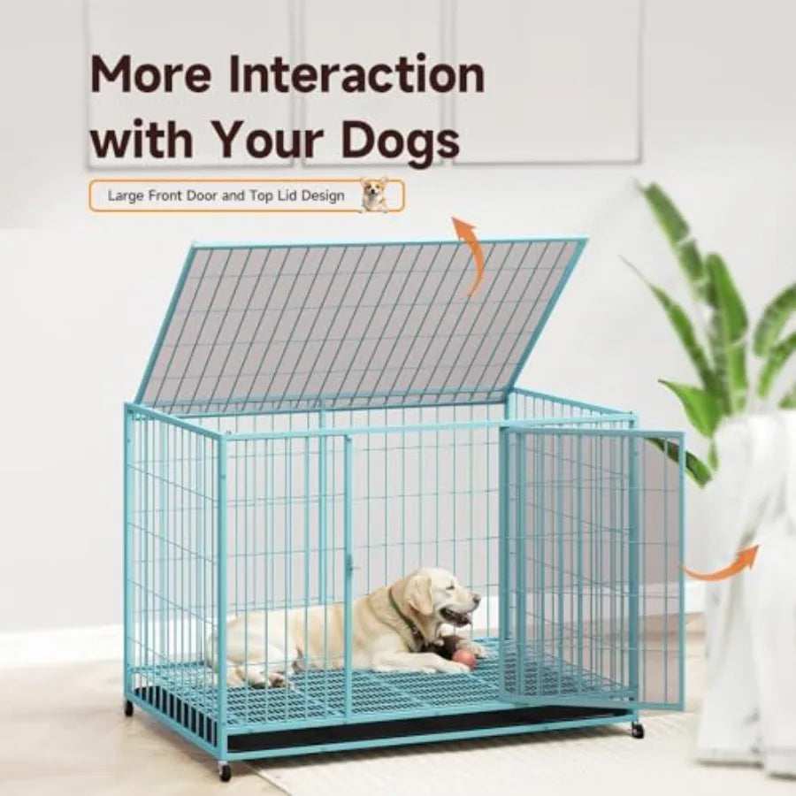 Blue 48 in Metal Wire Dog Crate with Tray and Double Door Design for Large Dogs Ideal Indoor Outdoor Use as Puppy Playpen Durab