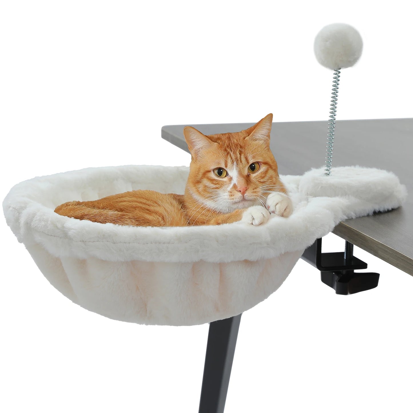Cozy Removable & Portable Cat Bed, Safe Cat Hammock & Basket with Interactive Plush Ball Toy, Beige,Perfect for Indoor Cats&Desk Use