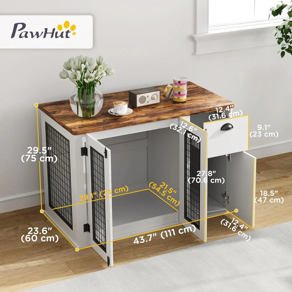 44-Inch Dog Crate with Double Door and Storage Drawer, Indoor Furniture Style Cage for Medium Dogs, White