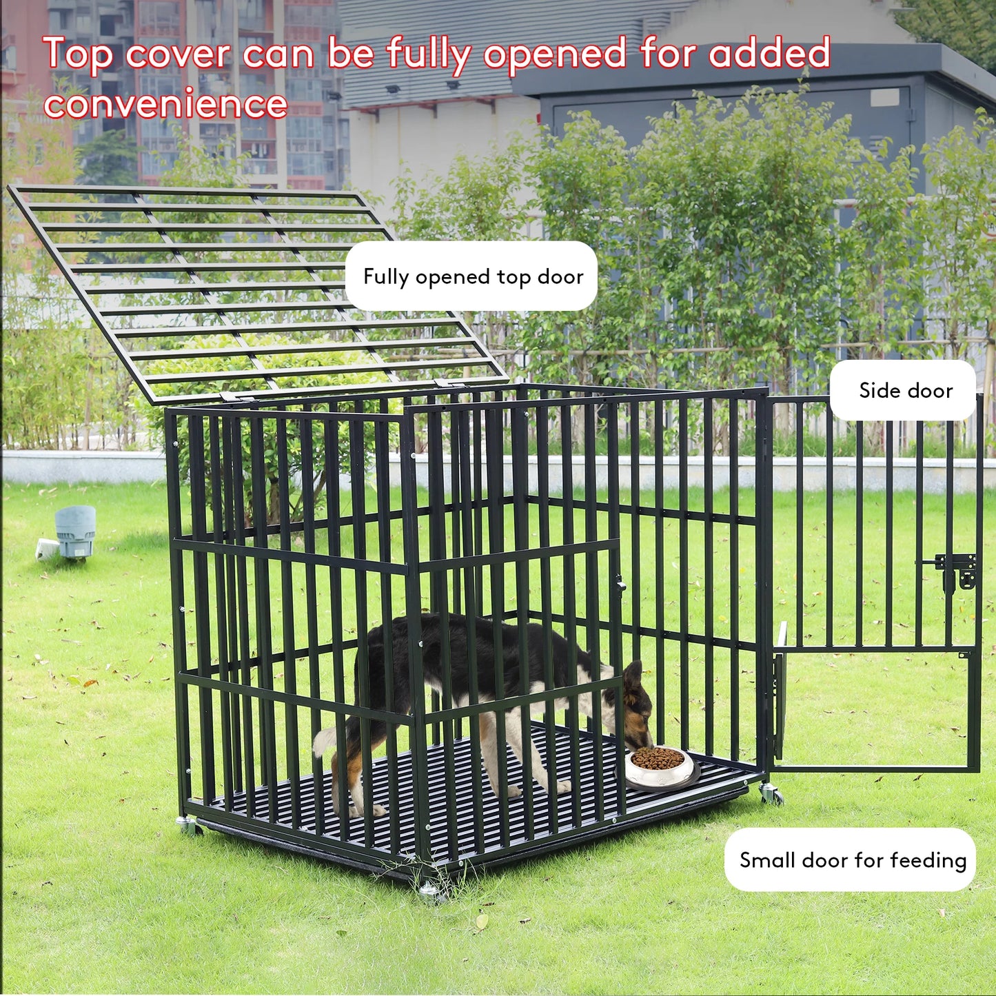 Heavy Duty Dog Crate with 4 Lockable Wheels 3 Doors and Removable Tray Metal Pet Kennels Cage Playpen