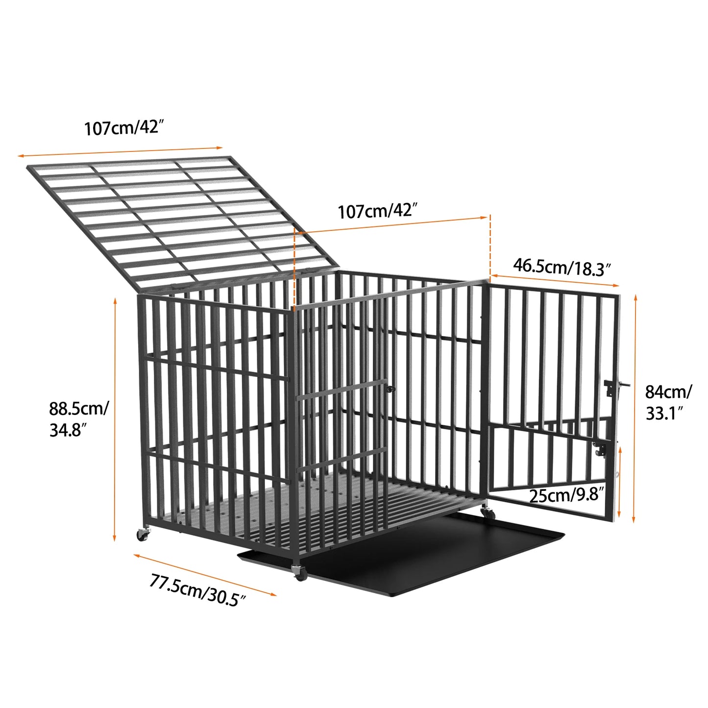 Heavy Duty Dog Crate with 4 Lockable Wheels 3 Doors and Removable Tray Metal Pet Kennels Cage Playpen