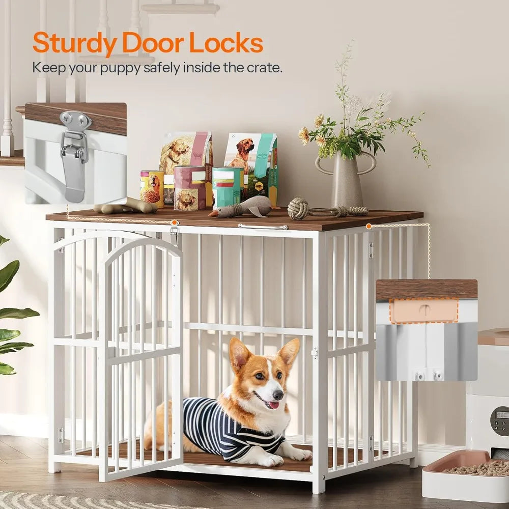 Foldable Wooden Dog Crate Furniture, 31.5 Indoor Kennel, Medium Size Dog Cage with Decorative Side Table