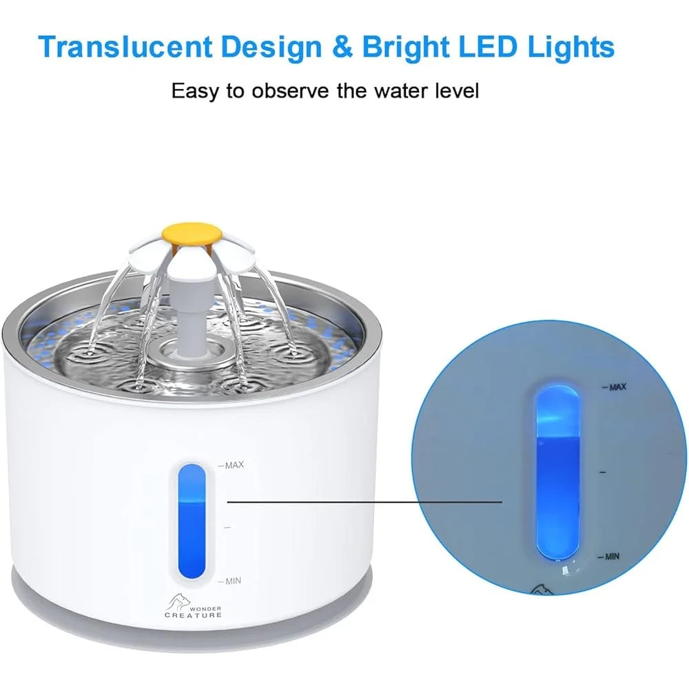 Cat Water Fountain Stainless Steel Lid 2.4L Automatic Pet Drinking Fountain with LED Light Water Level Window Quiet Pump Fresh