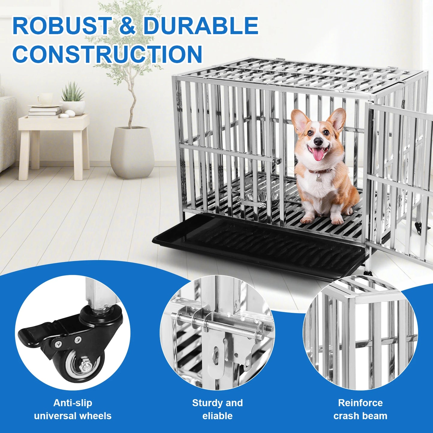 37 Inch Steel Tube Wire Drop Dog Crates with Removable Plastic Tray Dog Crate Cage Kennel for High-Anxiety and Extra Large Dogs