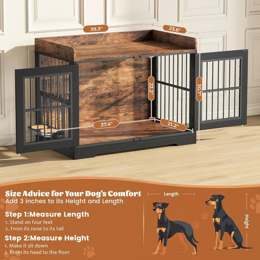 40" Rustic Dog Crate Furniture, Heavy Duty Dog Cage for Medium Large Dogs, Dogs Crate Doges Kennel Indoor with Removable