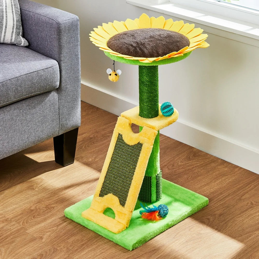 2-Level Cat Scratching Post with Sunflower Design Sisal Rope Bee Toy Sturdy Base Easy Assembly Promotes Healthy Claws Portable