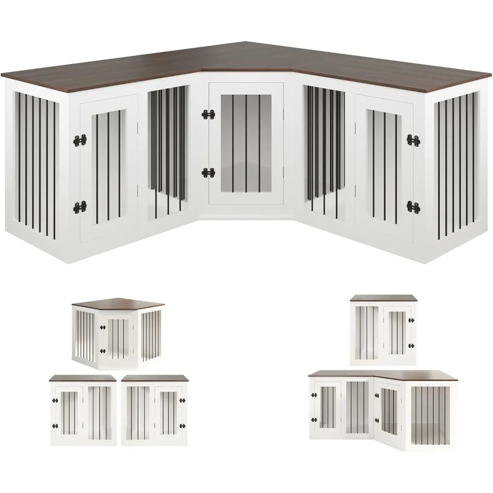 Large Dog Crate Furniture for 3 Dogs, 113'' Corner Dog Crate with Divider, 3 in 1 Heavy Duty Indoor Wooden Dog Kennel Furniture