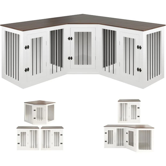 Large Dog Crate Furniture for 3 Dogs, 113'' Corner Dog Crate with Divider, 3 in 1 Heavy Duty Indoor Wooden Dog Kennel Furniture