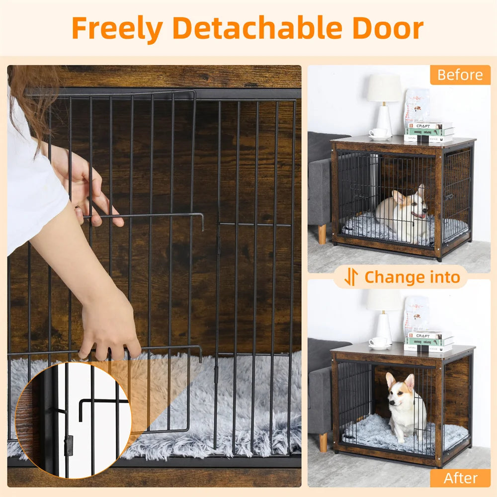 Large Elevated Dog Crate Wooden Dog Kennel Cage Pet House End Table with Double Door and Removable Tray Rustic Furniture Indoor