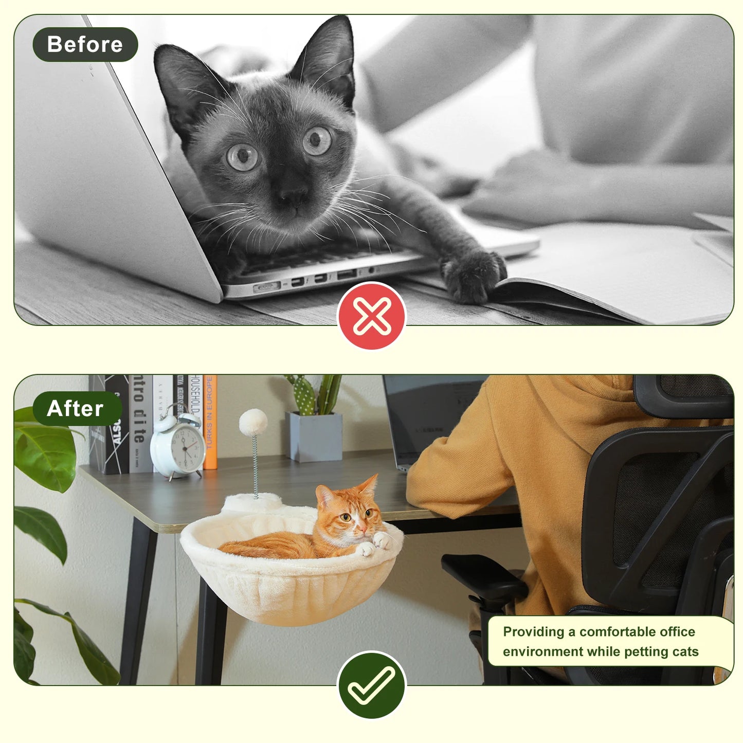 Cozy Removable & Portable Cat Bed, Safe Cat Hammock & Basket with Interactive Plush Ball Toy, Beige,Perfect for Indoor Cats&Desk Use