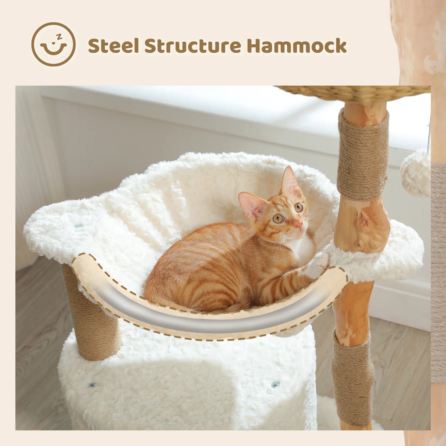 Solid Wood Cat Tree Modern Cat Tower with Spacious Cat Condo,Flower Perches,Fun Pompom,Double Comfort Perfect for Indoor Kittes