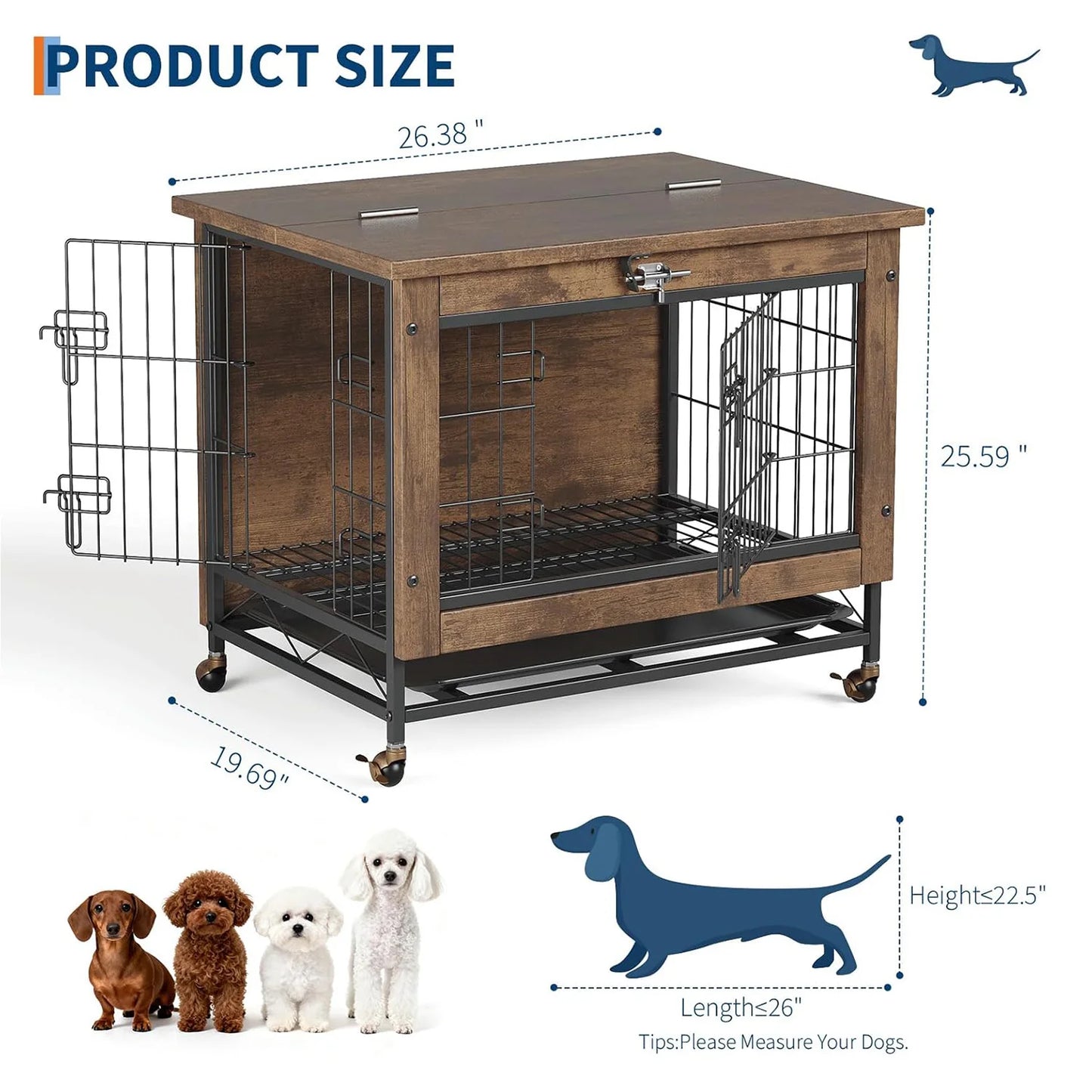 Dog Crate Furniture with Wheels, Side End Table, Dog Cage with 2 Doors & Tray, Lockable Pet Crate for Small/Medium Dogs
