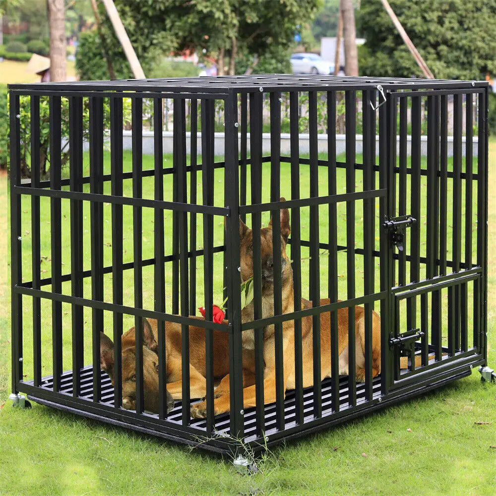 Heavy Duty Dog Crate with 4 Lockable Wheels 3 Doors and Removable Tray Metal Pet Kennels Cage Playpen