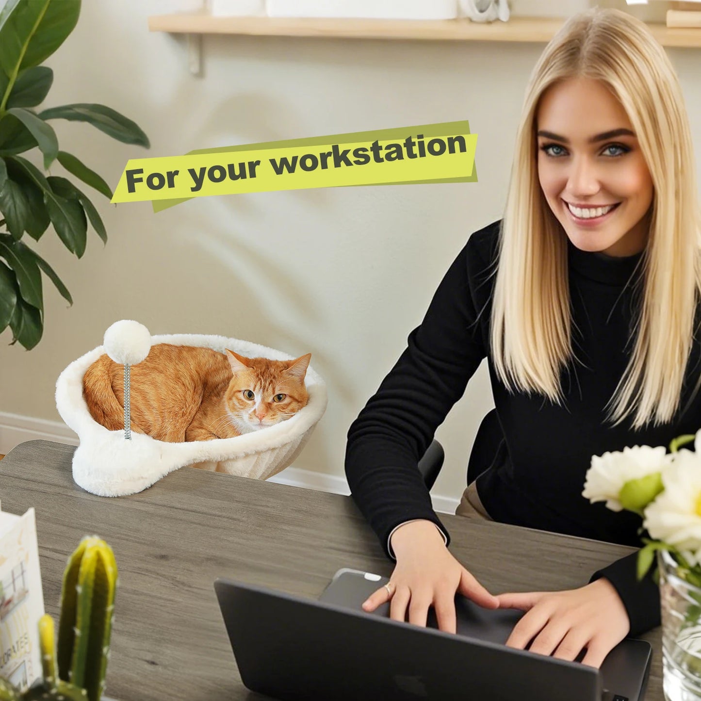 Cozy Removable & Portable Cat Bed, Safe Cat Hammock & Basket with Interactive Plush Ball Toy, Beige,Perfect for Indoor Cats&Desk Use