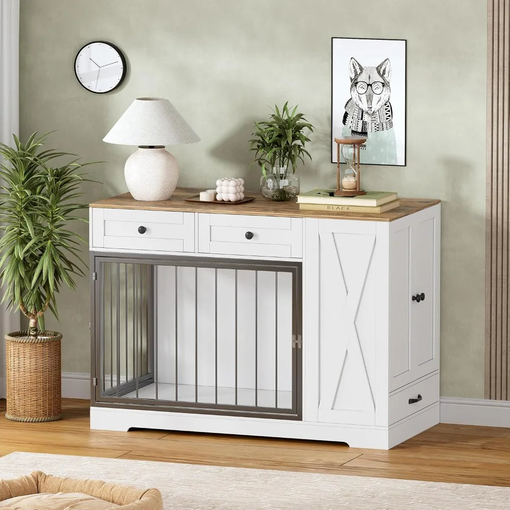 Dog Crate Furniture, Dog Crate for Small to Large Dogs with Storage Cabinet and Feeder, Dog Kennel Furniture with Double Doors