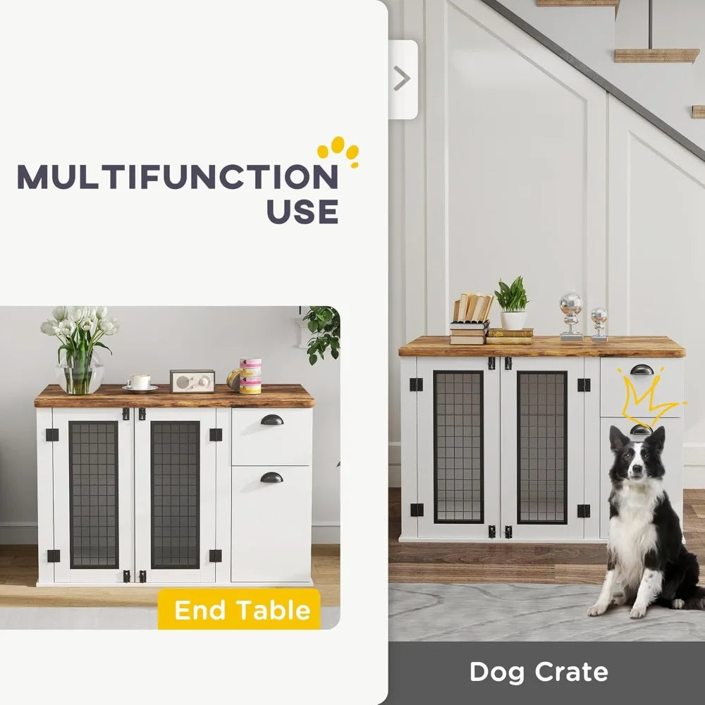 44-Inch Dog Crate with Double Door and Storage Drawer, Indoor Furniture Style Cage for Medium Dogs, White
