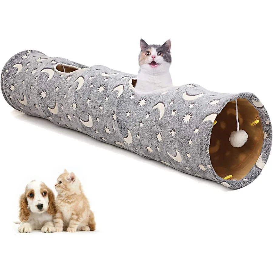 Collapsible Self-Luminous Photoluminescent Cat Tunnel Tube with Plush Ball Toys for Small Pets Bunny Rabbits Kittens Ferrets Pup