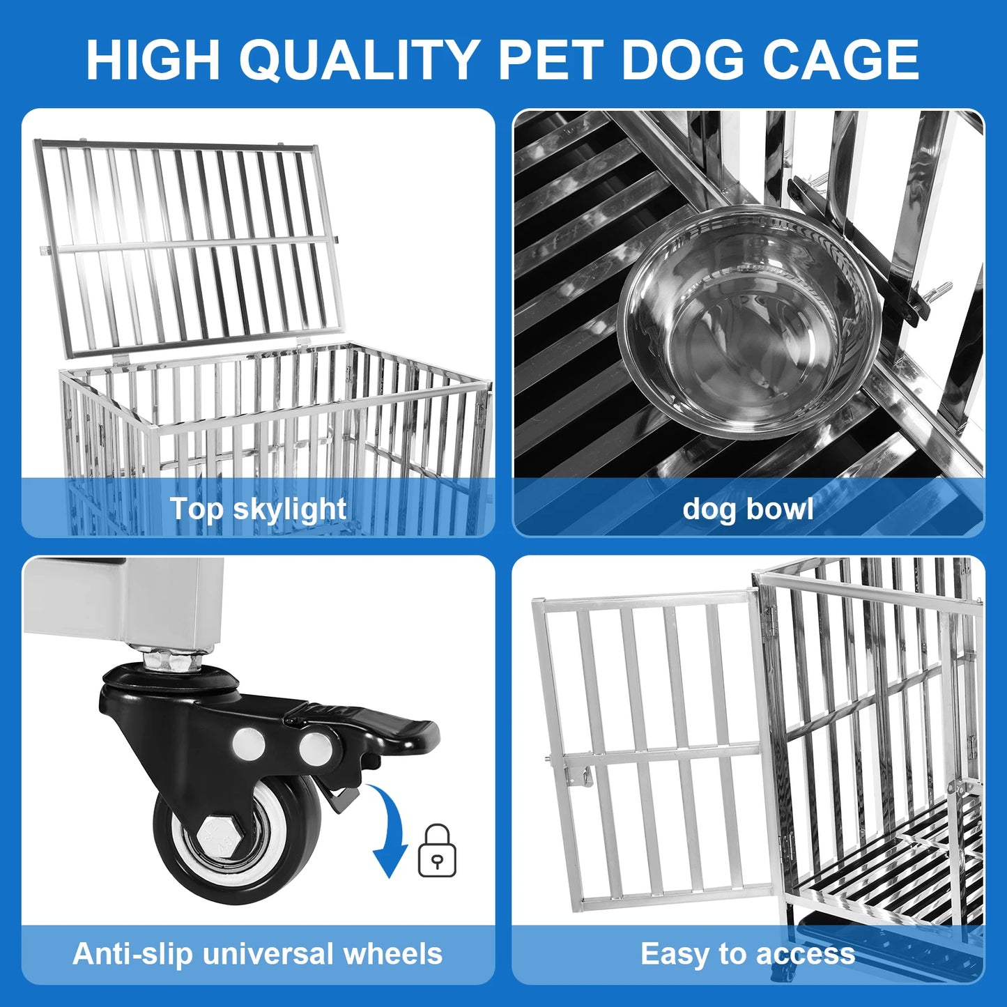 37 Inch Steel Tube Wire Drop Dog Crates with Removable Plastic Tray Dog Crate Cage Kennel for High-Anxiety and Extra Large Dogs