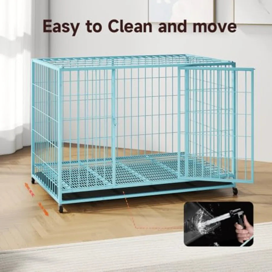 Blue 48 in Metal Wire Dog Crate with Tray and Double Door Design for Large Dogs Ideal Indoor Outdoor Use as Puppy Playpen Durab