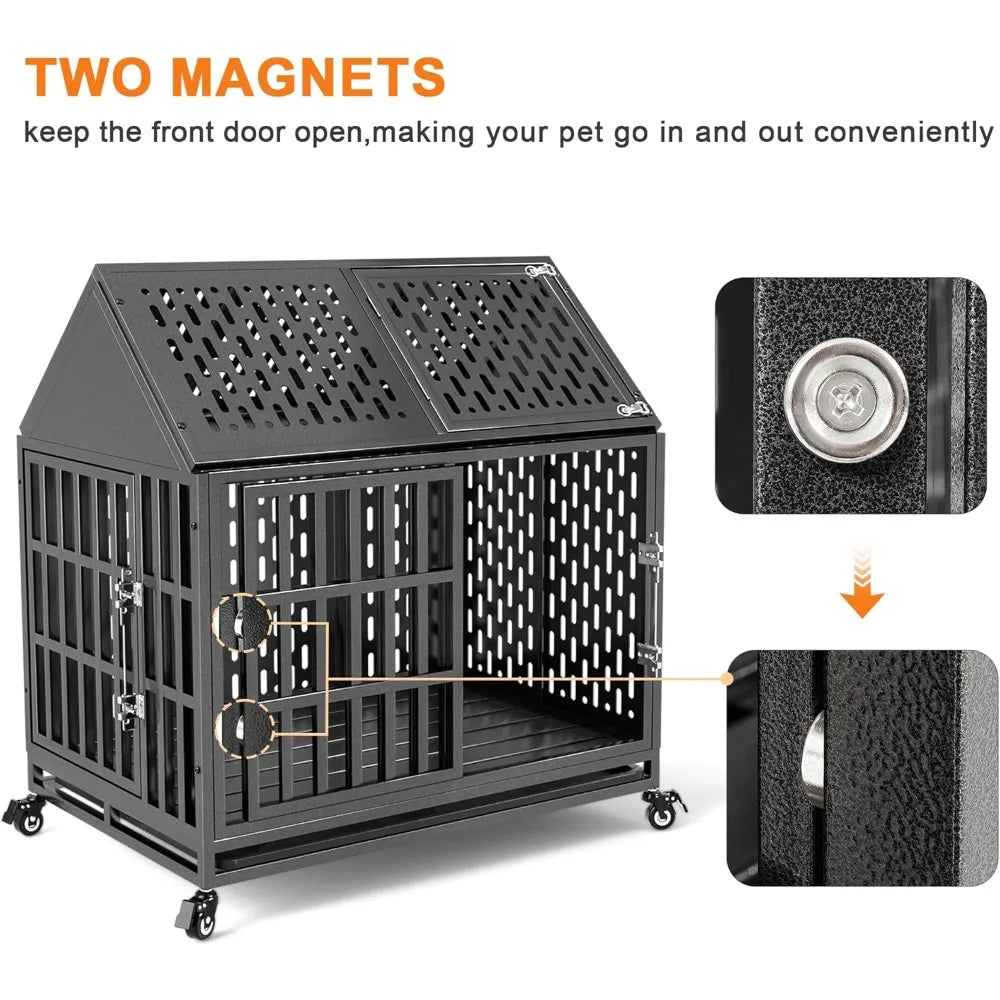 38-42 Inch Heavy Duty Dog Crate with Self-Locking Latch for High Anxiety Dogs, Indestructible Large Kennel Indoor with Pointed