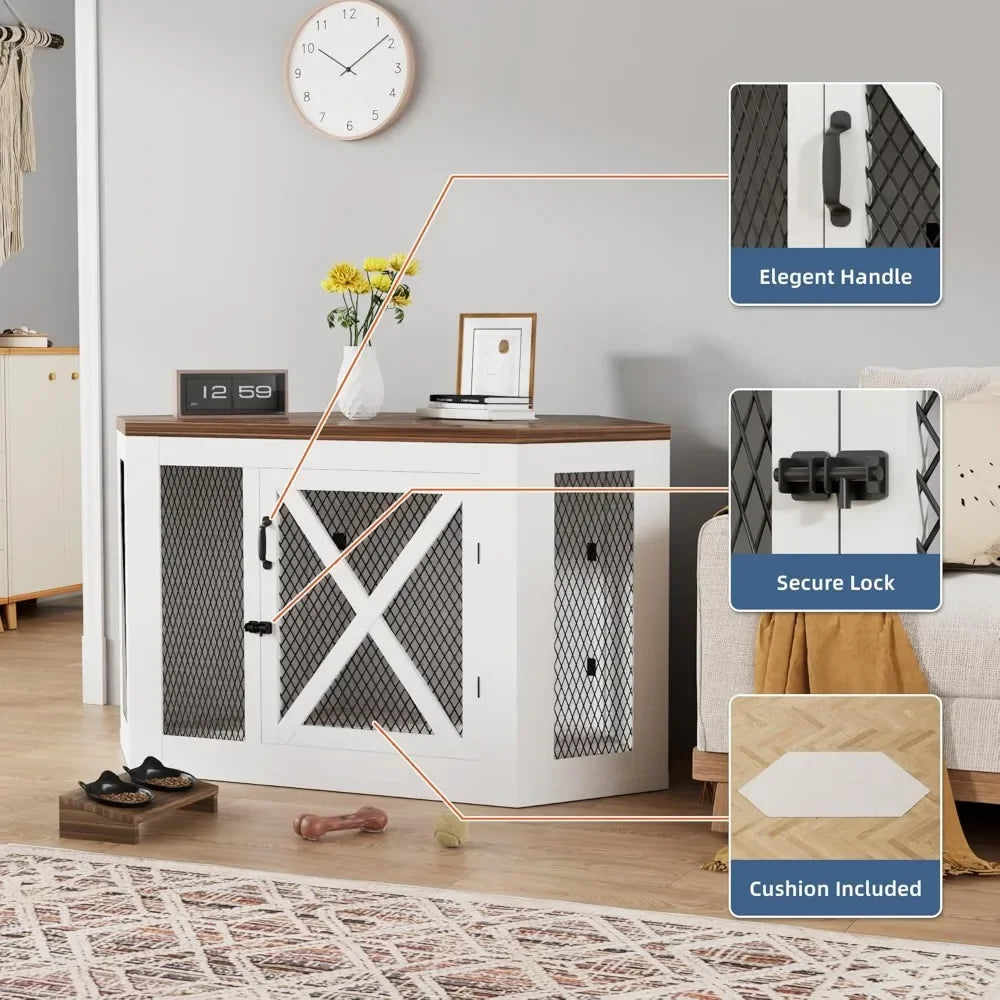 Corner Dogs Crate Furniture, Wooden Dog Kennel End Table with Mesh, Cage/House for Small Medium Large Dogs, Decorative Pet Crate